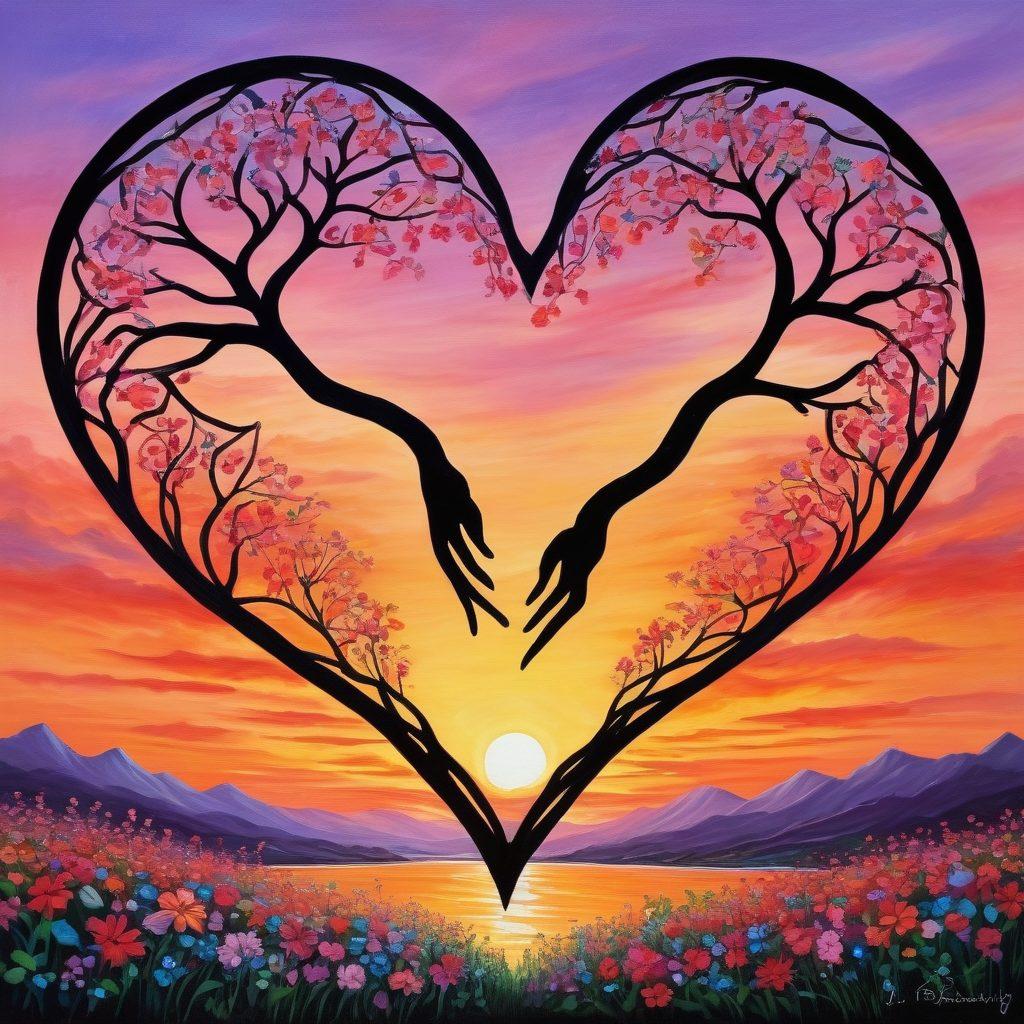 A pair of intertwined hearts surrounded by blooming flowers, symbolizing deep emotional connections. In the background, a serene sunset illuminates the sky, emphasizing warmth and enchantment in relationships. Soft, flowing lines represent the complexity of love, while silhouette couples engage in different romantic gestures. The composition should evoke a sense of harmony and connection. painting. vibrant colors.