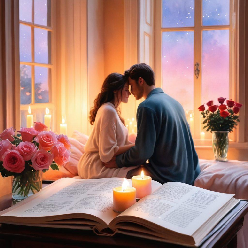 A cozy, intimate setting with two silhouettes embracing in a warm, softly-lit room filled with flickering candles and vibrant roses. A romantic book lies open nearby, hinting at love stories. The atmosphere exudes warmth and tenderness, with gentle pastel colors and intricate details that evoke deep emotions. watercolor painting. soft focus. warm tones.