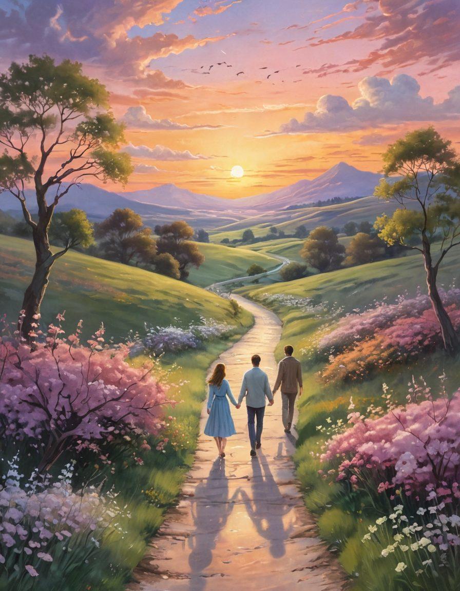 A whimsical illustration depicting two figures walking hand-in-hand along a winding path adorned with blossoming flowers, symbolizing the journey of love. Soft pastel colors fill the scene, while heart-shaped clouds float above, emphasizing enchantment and companionship. In the background, a serene sunset casts a warm glow over the landscape, highlighting the emotional depth of relationships. dreamy, romantic, vibrant colors.